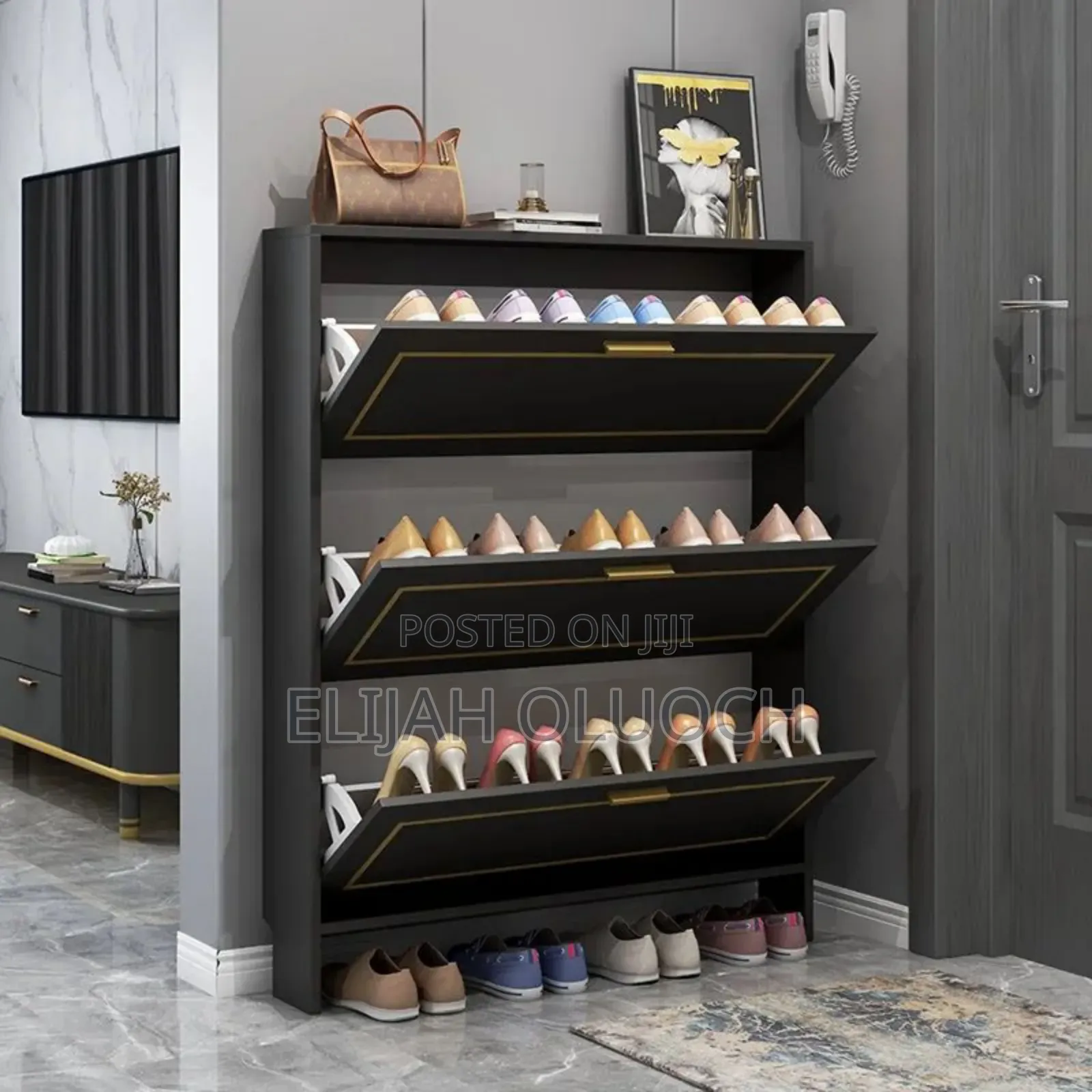 Modern 3tier Black Bucket Flip Shoe Cabinet