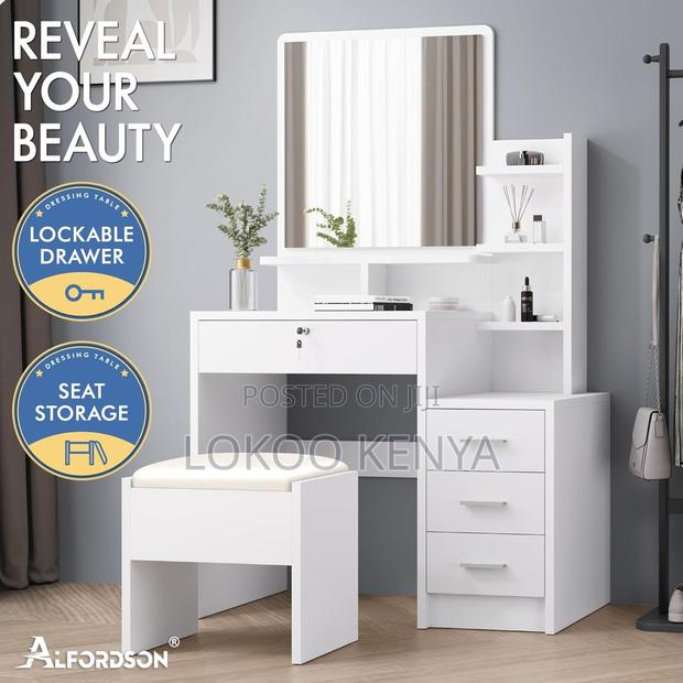 Dressers: White Wooden Dressing Table With Stool - thumbnail 5
