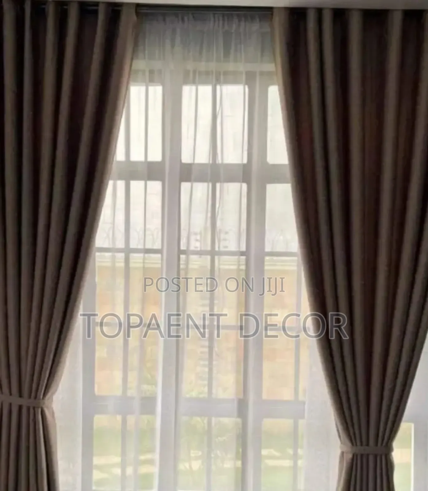 Brown Gathered Window Curtains and White Sheers