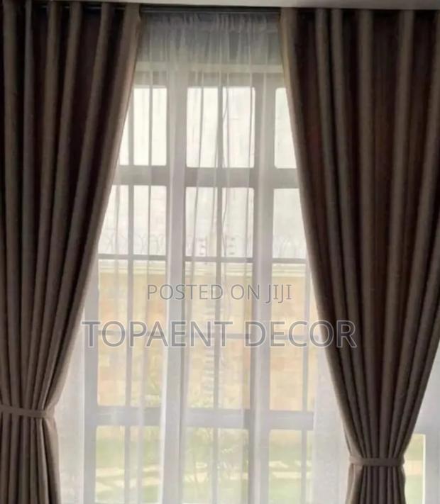 Brown Gathered Window Curtains and White Sheers - main view
