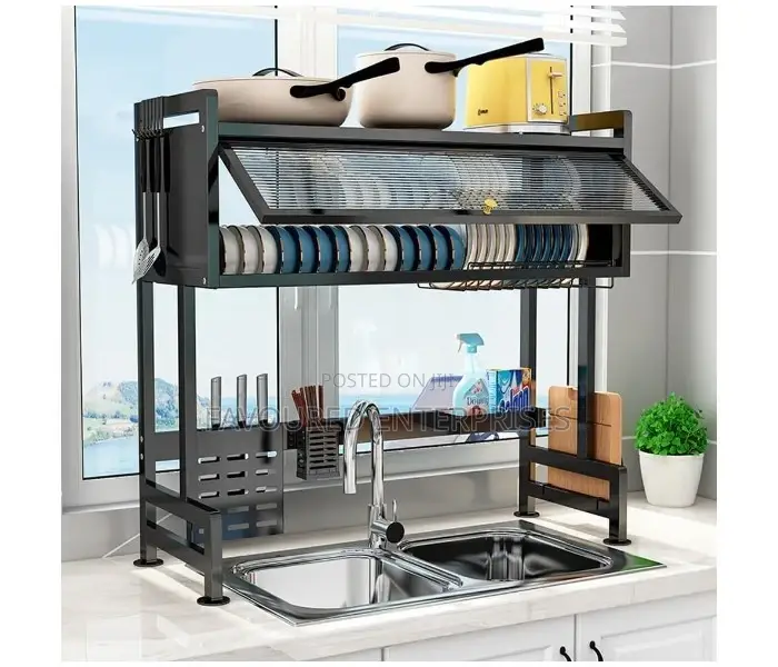 Over the Sink Kitchen Dish Drying Rack With Glass Lid