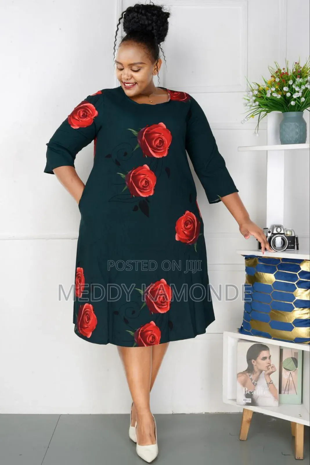 Green Shift Dress With Red Flowers