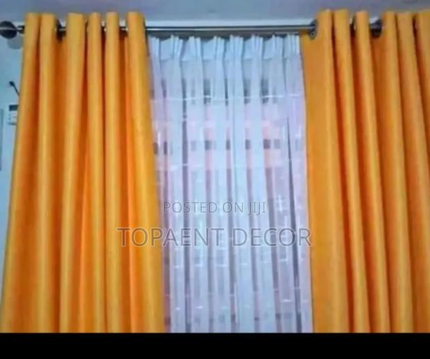 Orange Window Curtains and White Sheers - main view