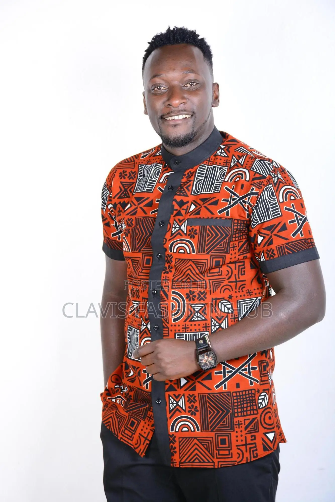Ready Made Brown Short Sleeve Ankara Shirt for Men