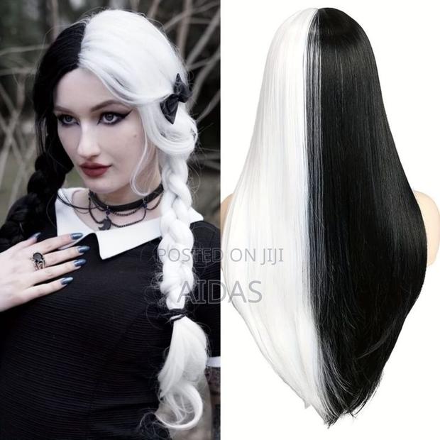 Half Black and White Halloween Part Wig - thumbnail 5