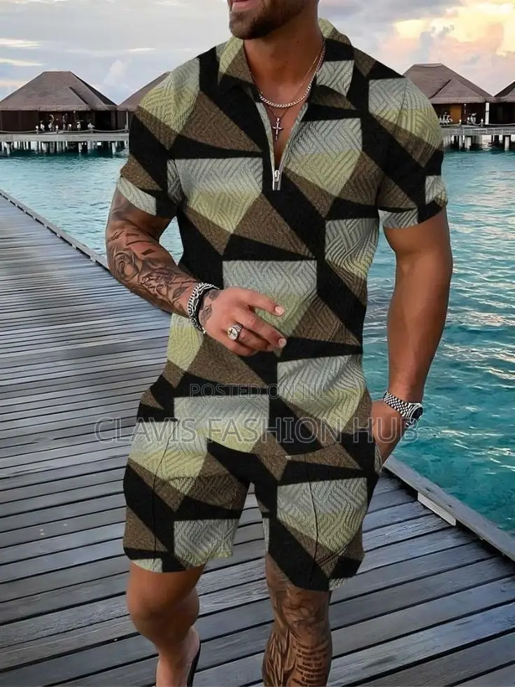 Geometrical Kitenge Short With Short Sleeved Shirt