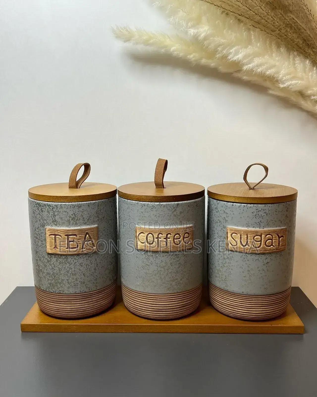 Sugar Dish, Ceramic Canisters 3pcs With Bamboo Base