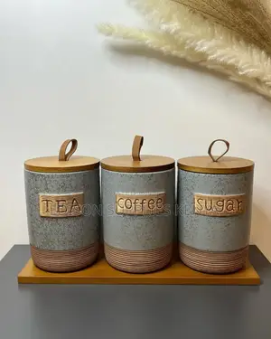 Sugar Dish, Ceramic Canisters 3pcs With Bamboo Base