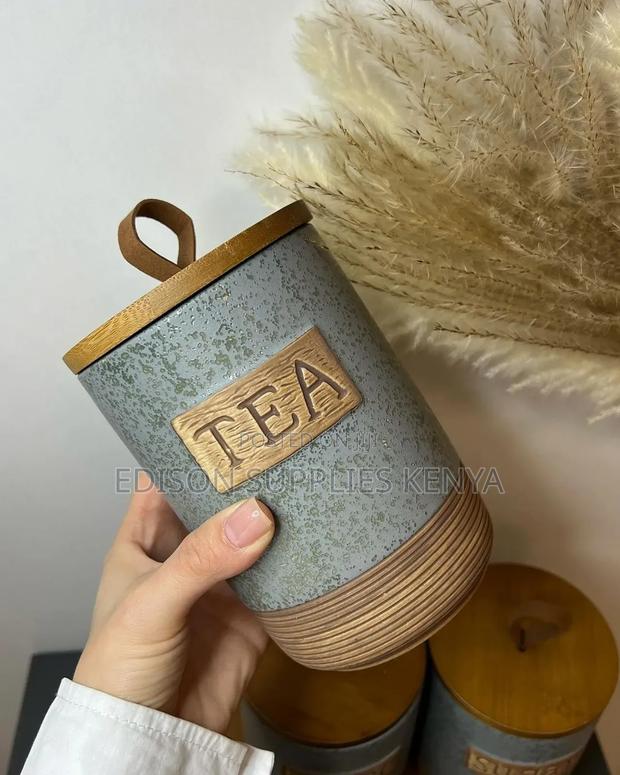 Sugar Dish, Ceramic Canisters 3pcs With Bamboo Base - thumbnail 3
