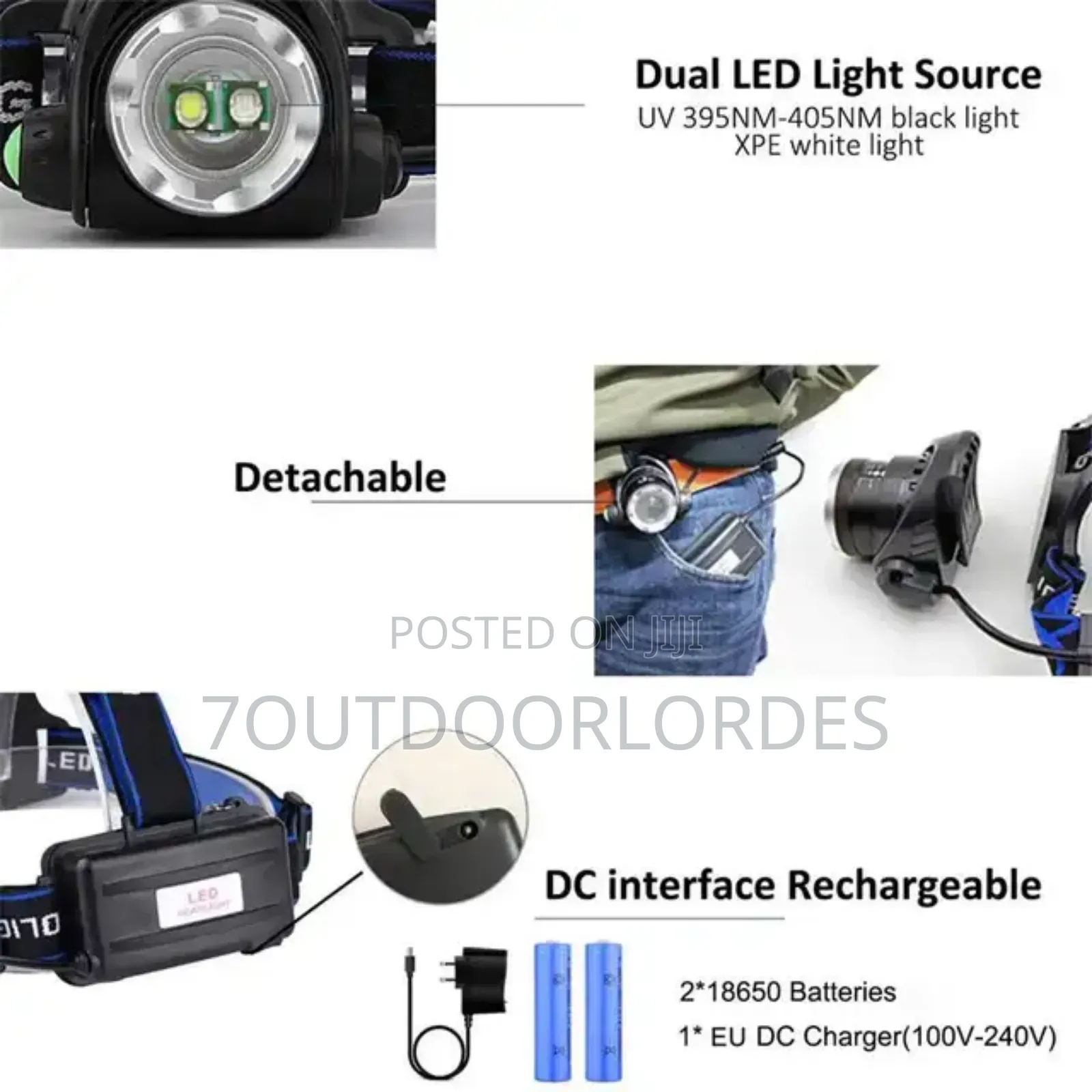 Waterproof Rechargeable White UV Headlamp