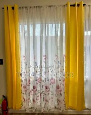 Yellow Window Curtains and Flowered Sheers