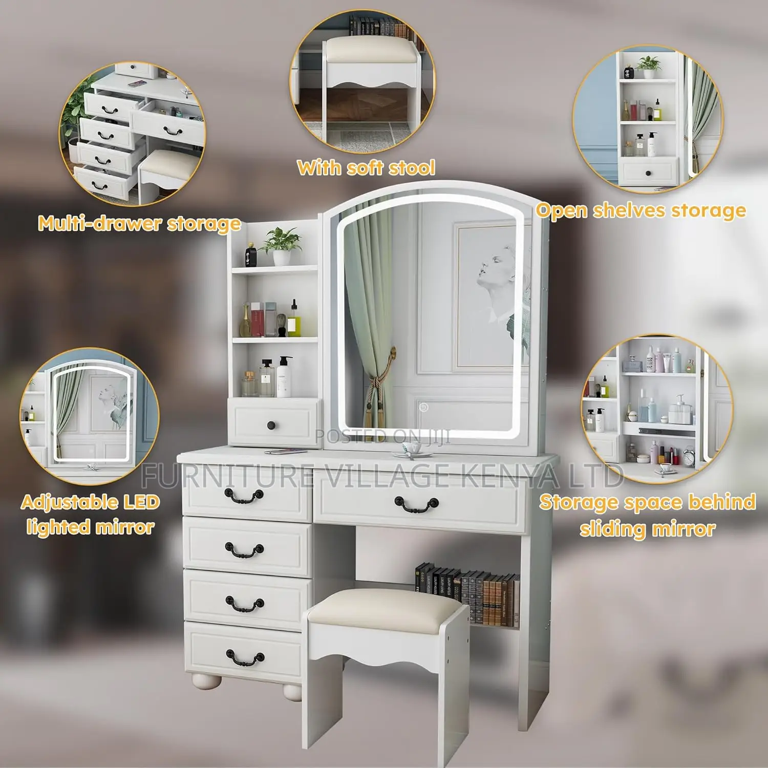 Makeup Vanity Desk With Mirror, Stool and Lights