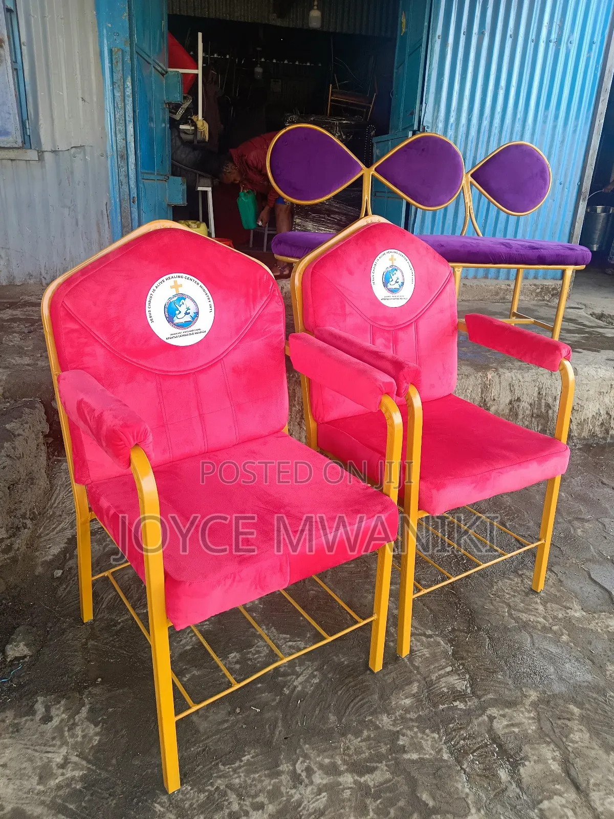 Church Chairs, Red and Gold With Armrest and Logo 