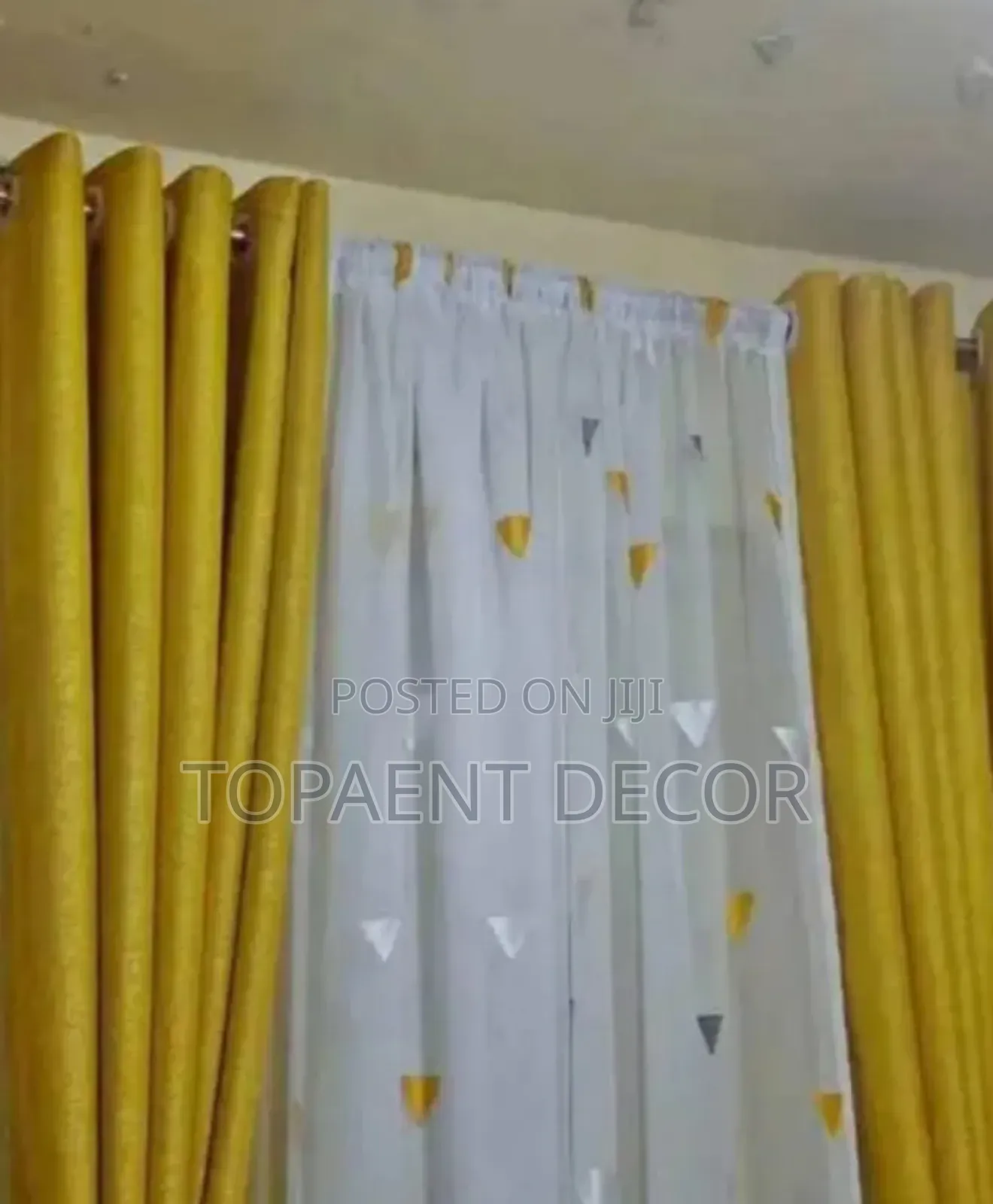 4m Yellow Curtains and White With Yellow Pattern Sheer