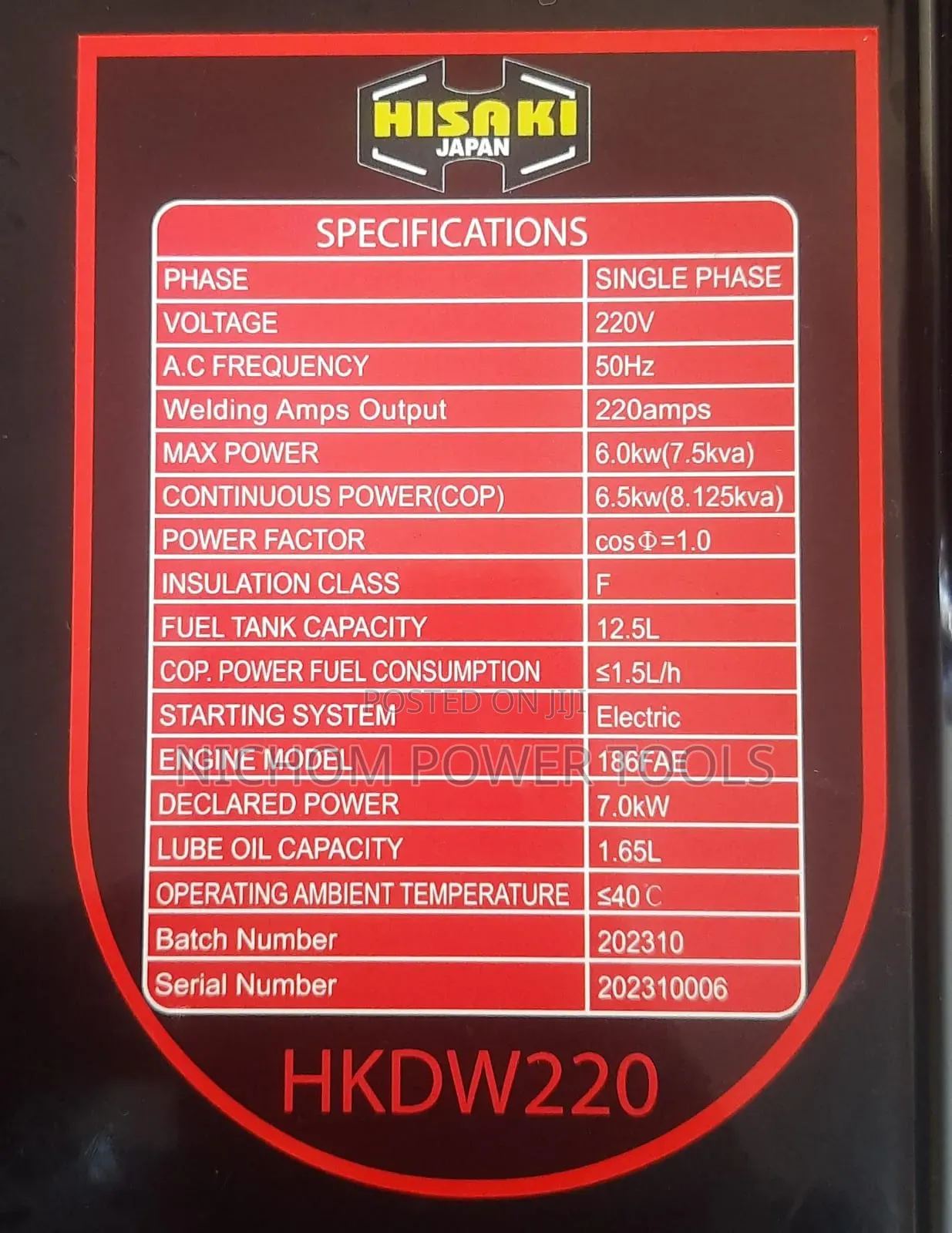 Hisaki Diesel Welding Generator 6.5kw(8.125kva)
