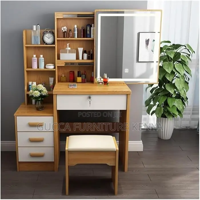 Dressers: Brown Dressing Table Set With Mirror and Stool