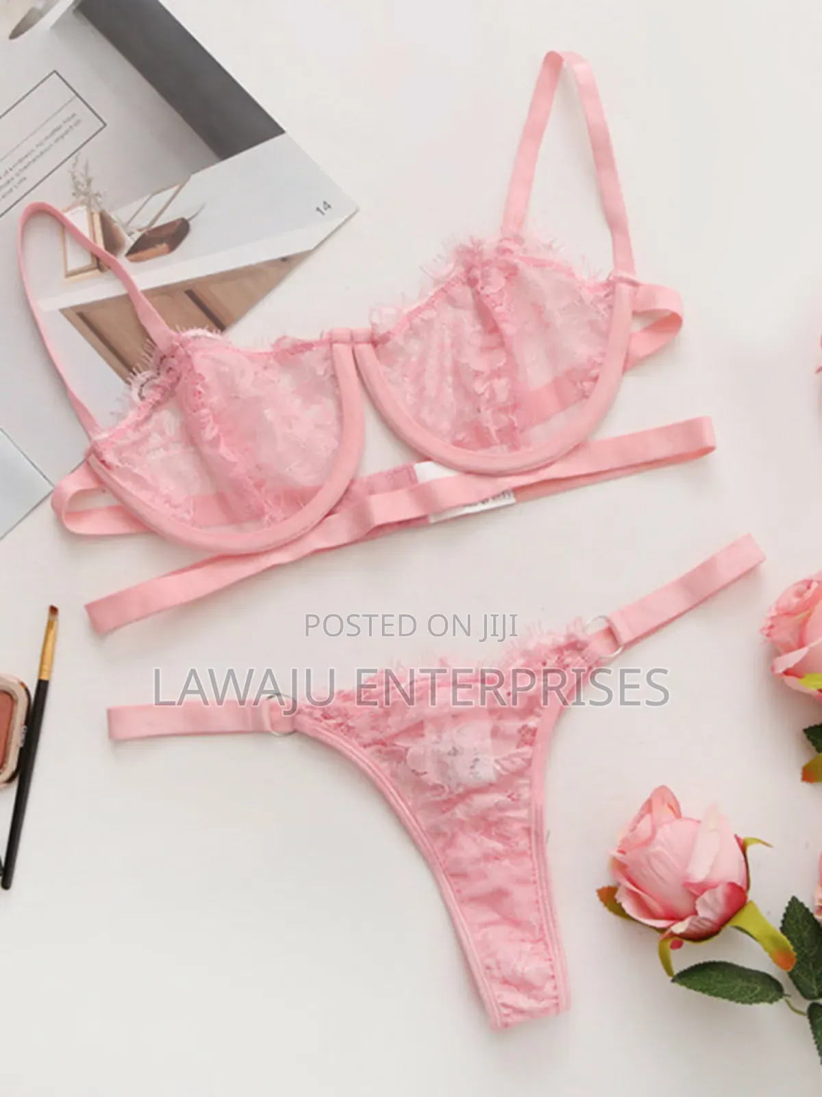 2PC Pink Flower Lace Lingerie