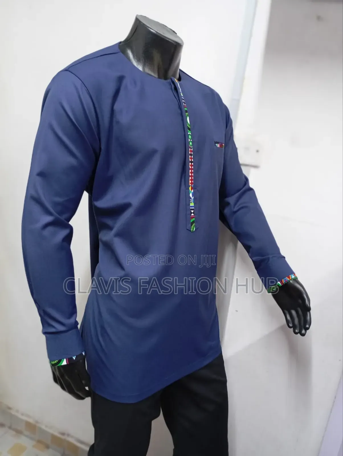 Nvy Blue Africa Shirt With Ankara Print