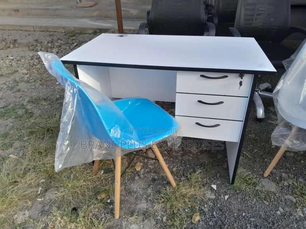0.9m White Study Desk and Blue Eames Chair - main view