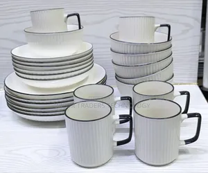 *White Ceramic Dinner Set With Black Rim