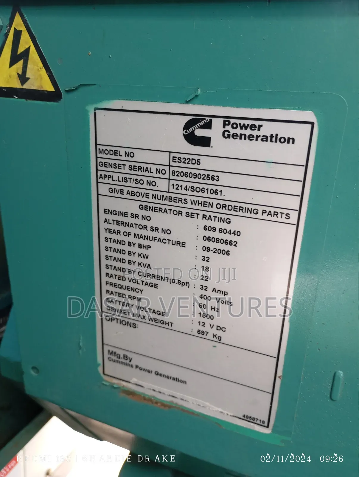 Generator 22kva Ex UK Cummins