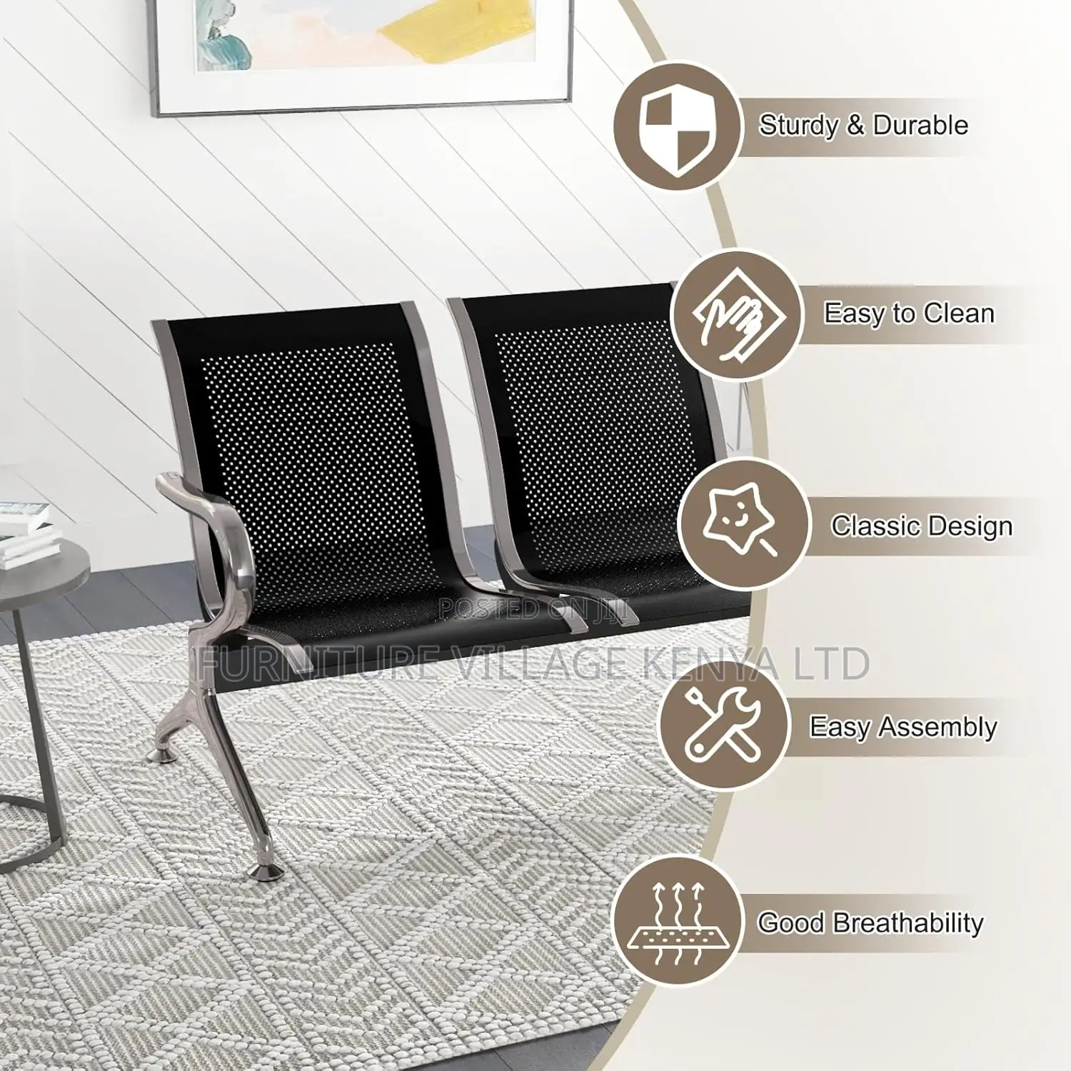 Office Benches; 3-Seater Non-Padded Reception Bench
