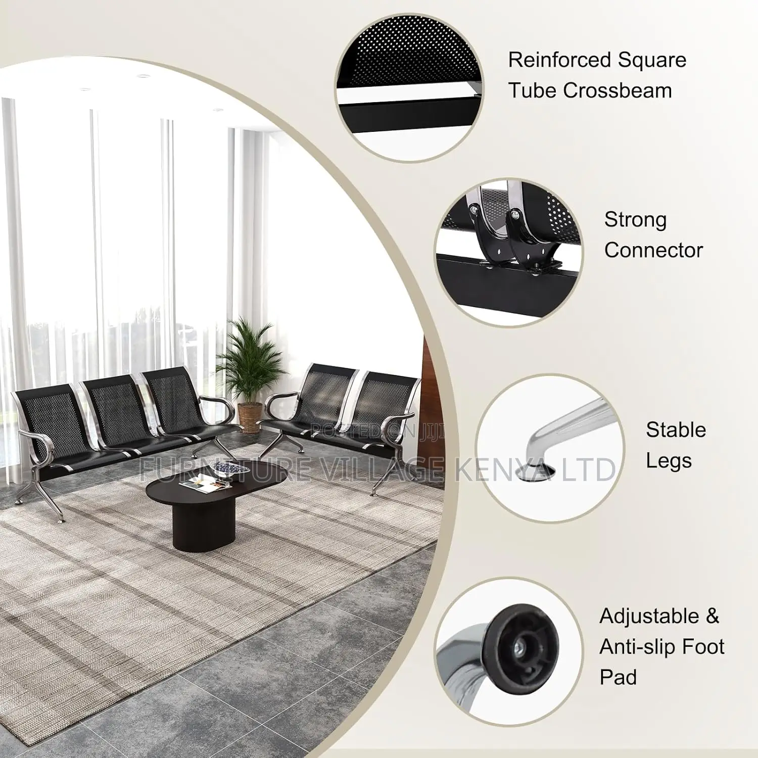 Office Benches; 3-Seater Non-Padded Reception Bench