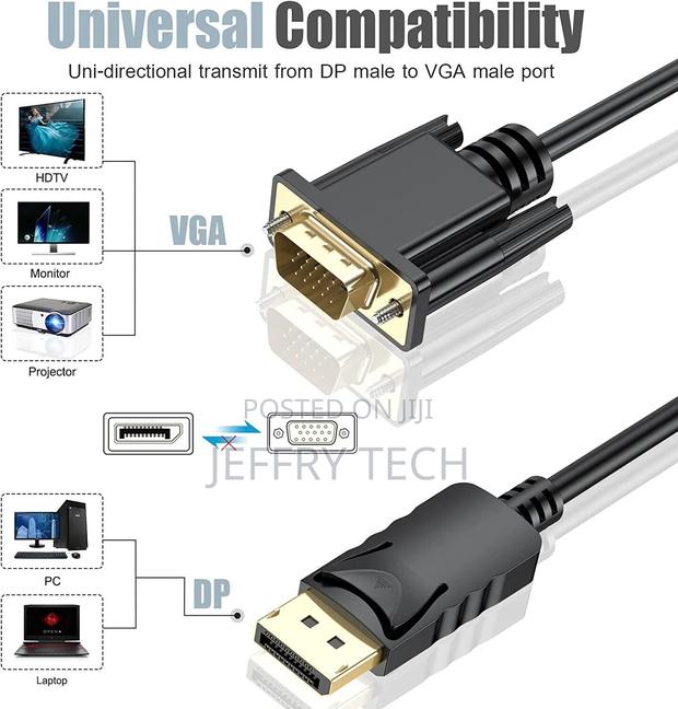 Display Port to VGA Cable 1.8m Gold Plated 1080P Dp Plug To