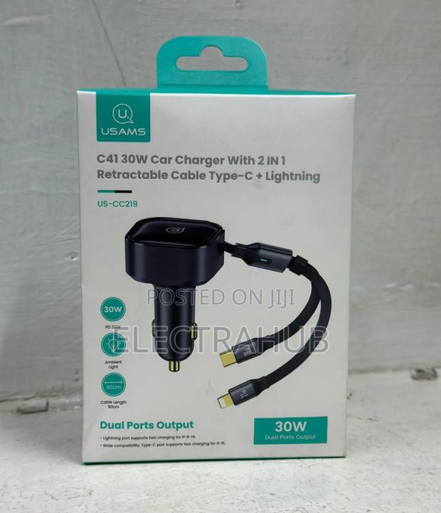 Usams Retractable Car Charger Type C Lightining New Sealed