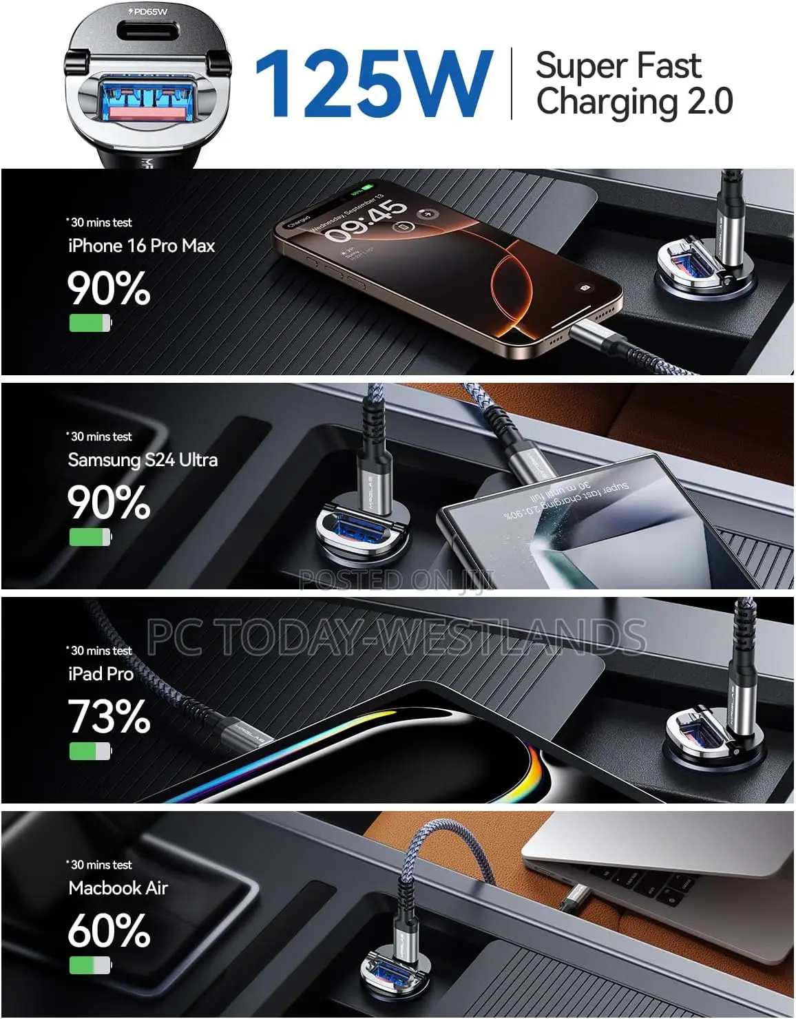 125w Usb C Car Charger Super Fast Charging for iPhone 16,