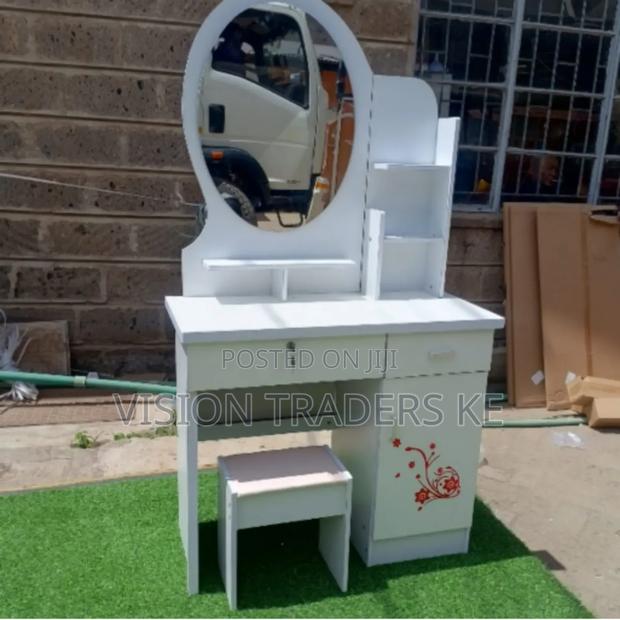 White Dressing Table With Fixed Round Mirror