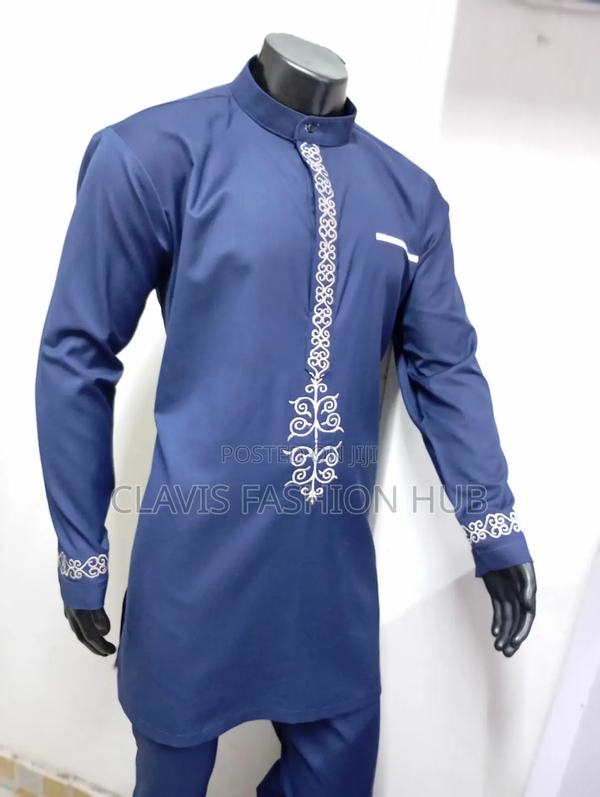 Beige Embroided Navy Blue Men Suits
