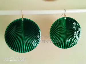 Retro Green-Gold Earrings; Large Hoop, Leaf Design