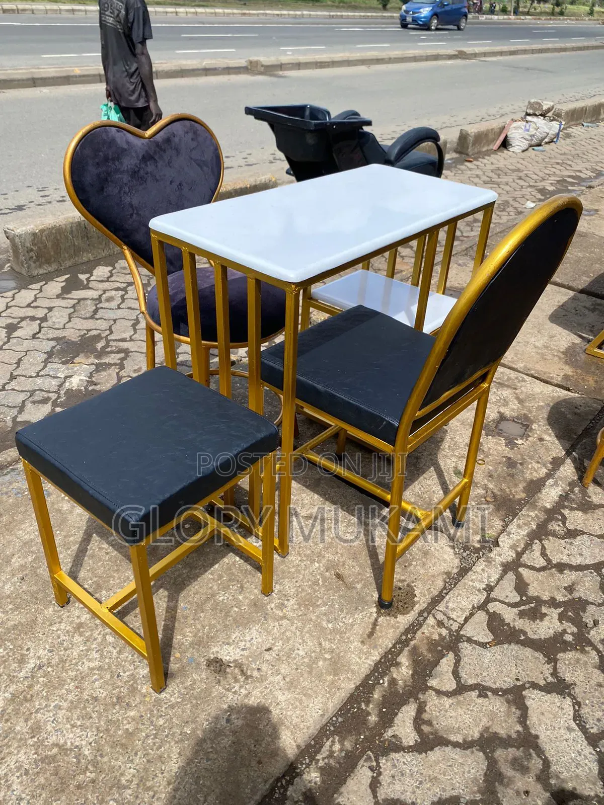 White Manicure Marble Table With 2 Styling Chairs Puff Stool