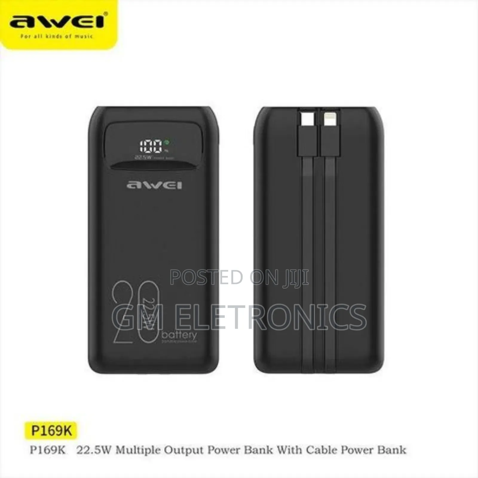 Awei P169K 20000mah Portable Power Bank- 22.5W With Cable.