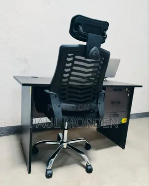 Office Computer Table With Black Headrest Office Chair