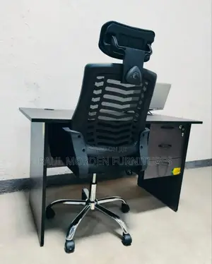 Office Computer Table With Black Headrest Office Chair