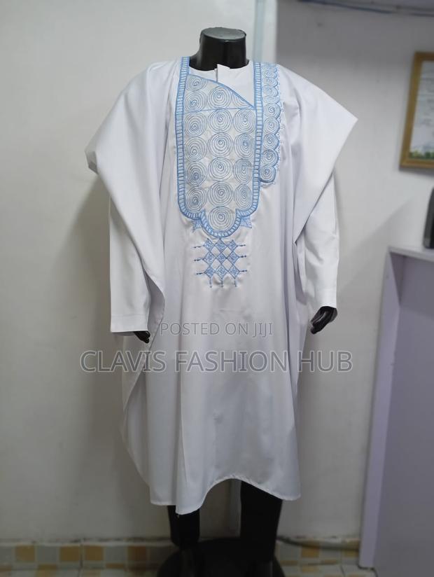 White Men Agbada Set With Embroidery Back Front
