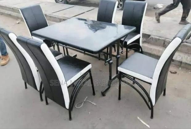 Comfy Restaurant Set, A Table And 6 Chairs Black White. - main view