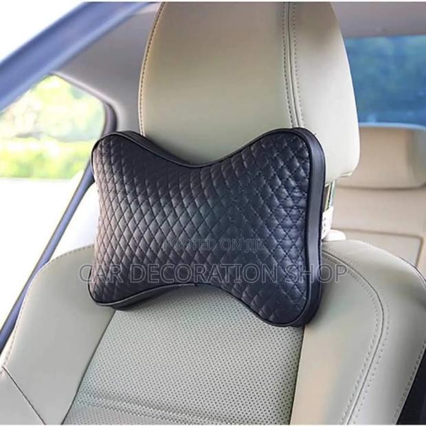 2pc Black Leather Stitched Universal Seat Neck Pillow