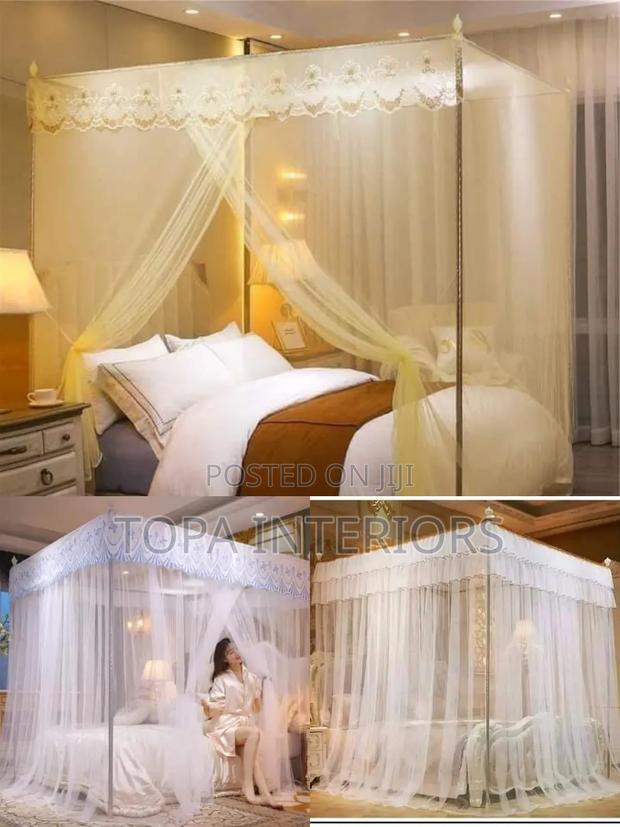 Cream and White Queen Size Bed Mosquito Nets 4 Stand Nets