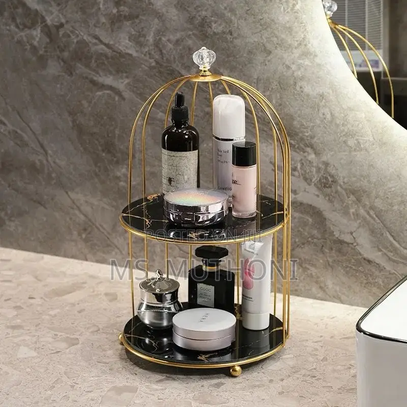 2 Tier Luxury Marble Textured With Gold Metal Makeup Storage