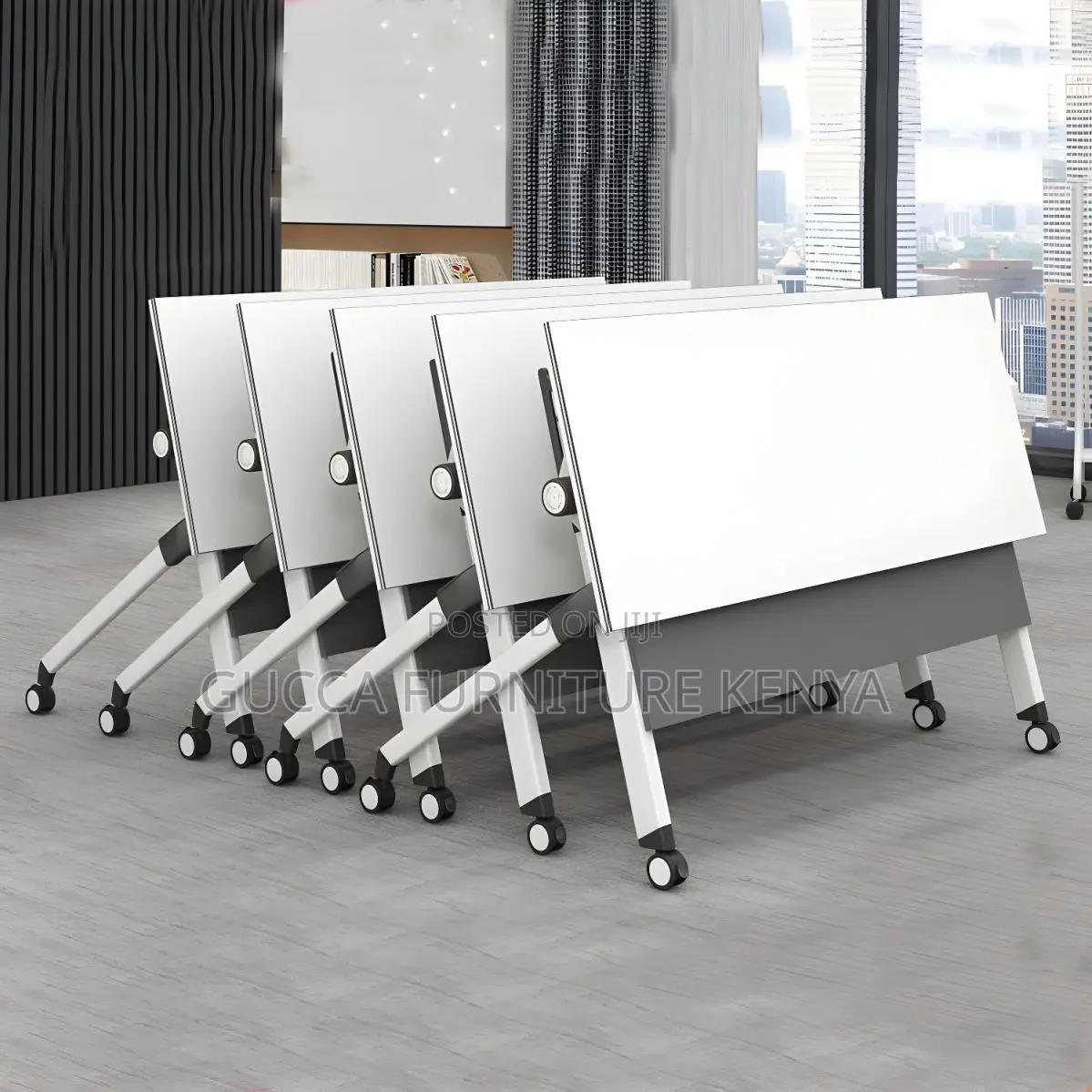 Office Tables: Modern White Foldable Desk With Steel Base