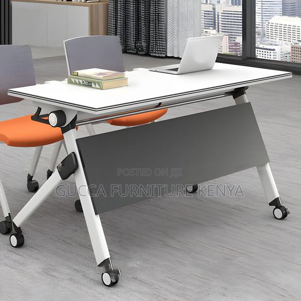 Office Tables: Modern White Foldable Desk With Steel Base