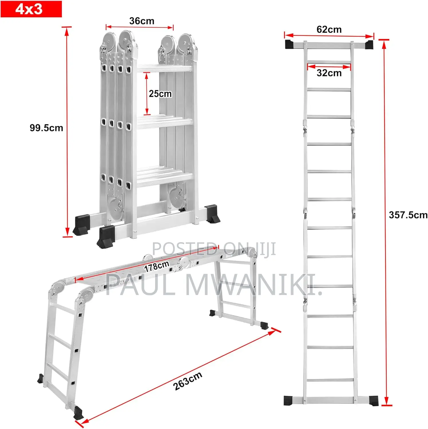 Multi-purpose Aluminium Ladder 4 X 3 Steps Folding Ladder