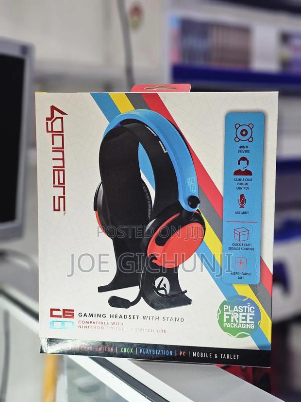 C6-100 Blue/Red With Headset Stand Gaming Headset and Stand - main view