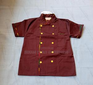 Short Sleeved Maroon Kitenge Piped Chef Jacket - main view