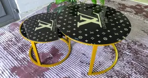 Black Nesting Coffee Table Marble Effect (Glass Effect)