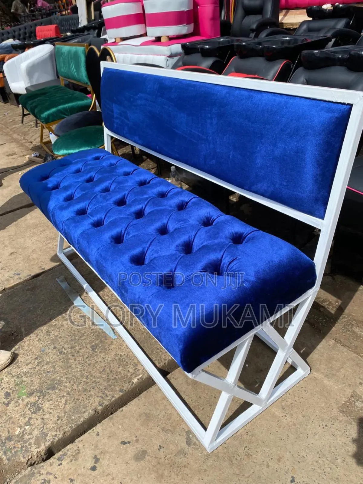 Blue Velvet Waiting Bench