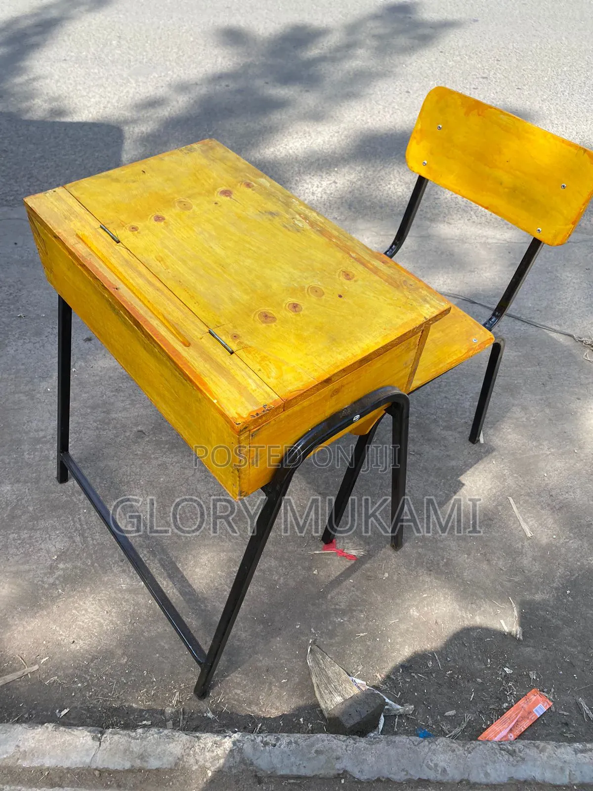 Varnished School Locker and Chair